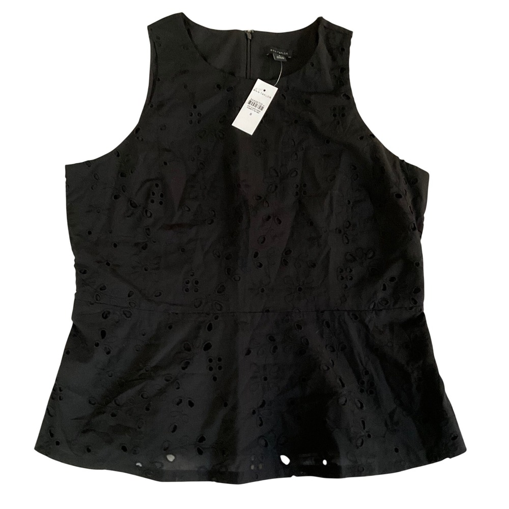 Ann Taylor Peplum Top Women 8 Black Eyelet Floral Sleeveless Cotton 34456705